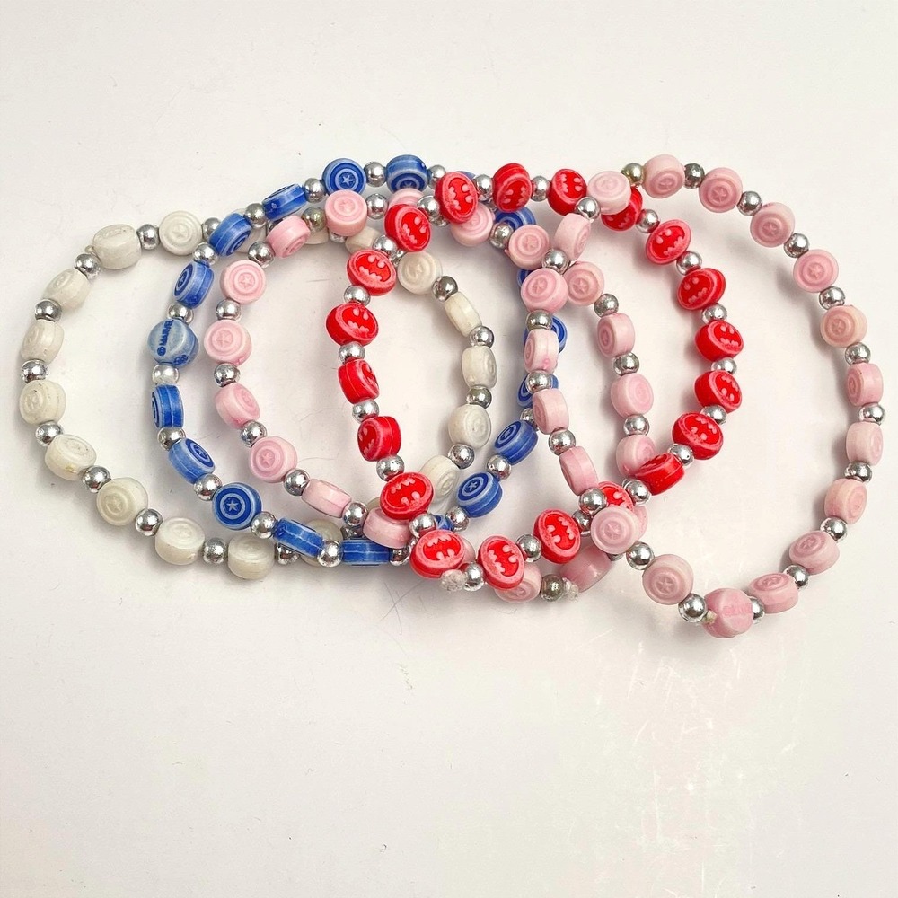 Vintage 80s Patriotic Beaded Stretch Bracelets Red White Blue Star Heart Jewelry